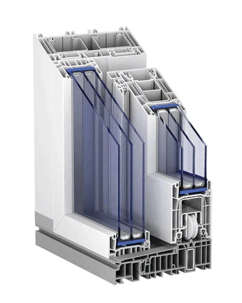 Angolo di una porta scorrevole Kömmerling Premidoor 76 Lux.