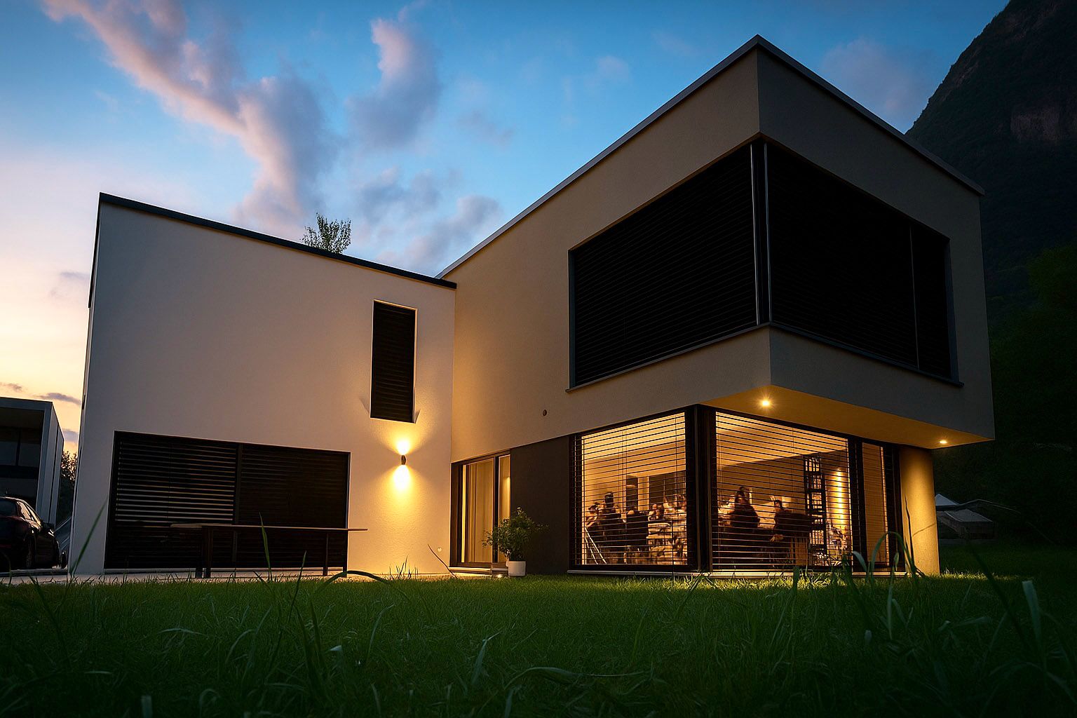 Vista posteriore della villetta al tramonto, con ampie vetrate, persiane e illuminazione interna calda.